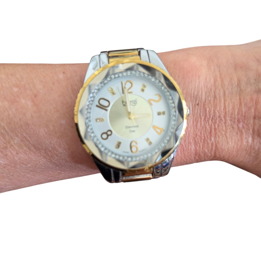 NWT Burgi Two-Tone Crystal Diamond Dial Watch w/ Extra Links & Pouch *Needs...